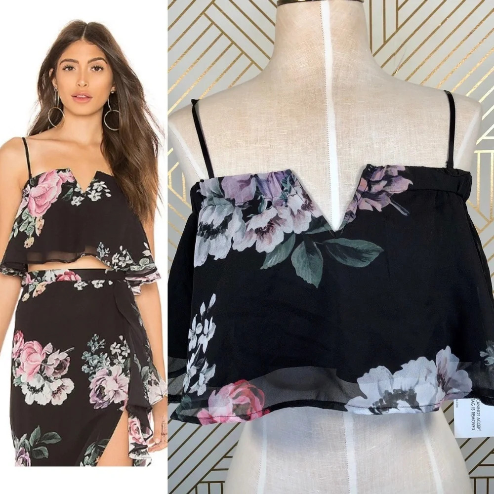 Yumi Kim Bon Voyage Top in Swoon Light‎ Cropped Black Floral Ruffle Size XS